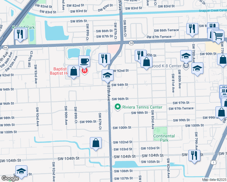 map of restaurants, bars, coffee shops, grocery stores, and more near 8525 Southwest 96th Street in Miami