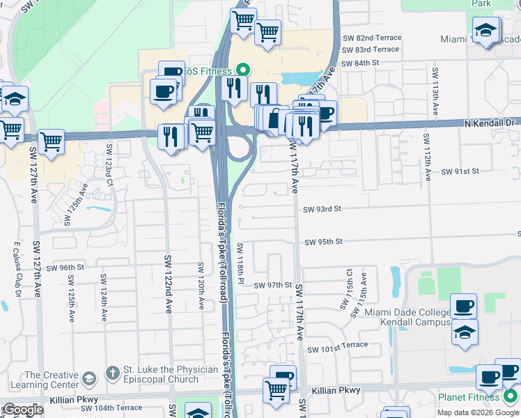 map of restaurants, bars, coffee shops, grocery stores, and more near 11817 Southwest 93rd Terrace in Miami