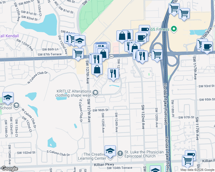 map of restaurants, bars, coffee shops, grocery stores, and more near 9280 Court in Miami