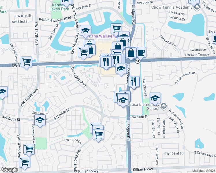 map of restaurants, bars, coffee shops, grocery stores, and more near 13941 Southwest 93rd Lane in Miami