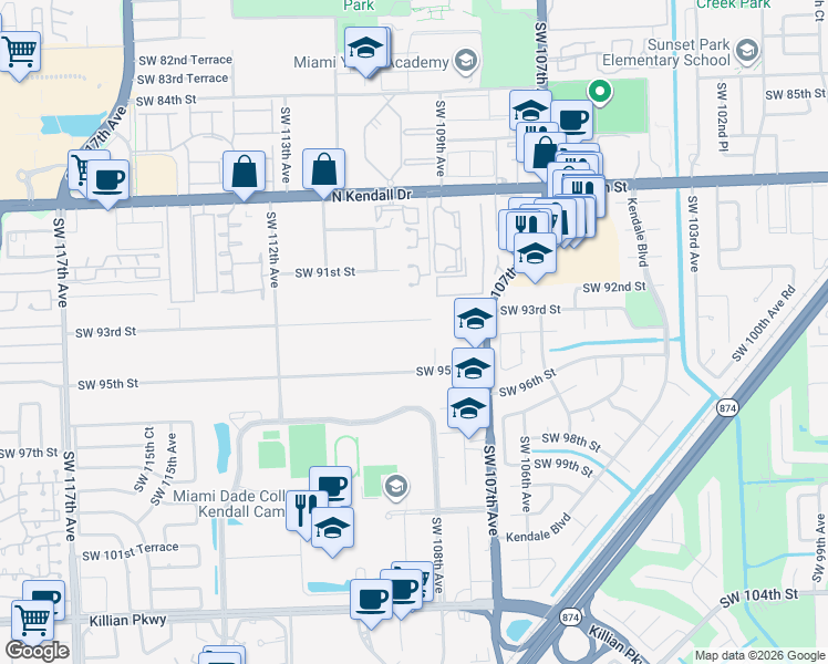 map of restaurants, bars, coffee shops, grocery stores, and more near 10840 Southwest 93rd Street in Miami