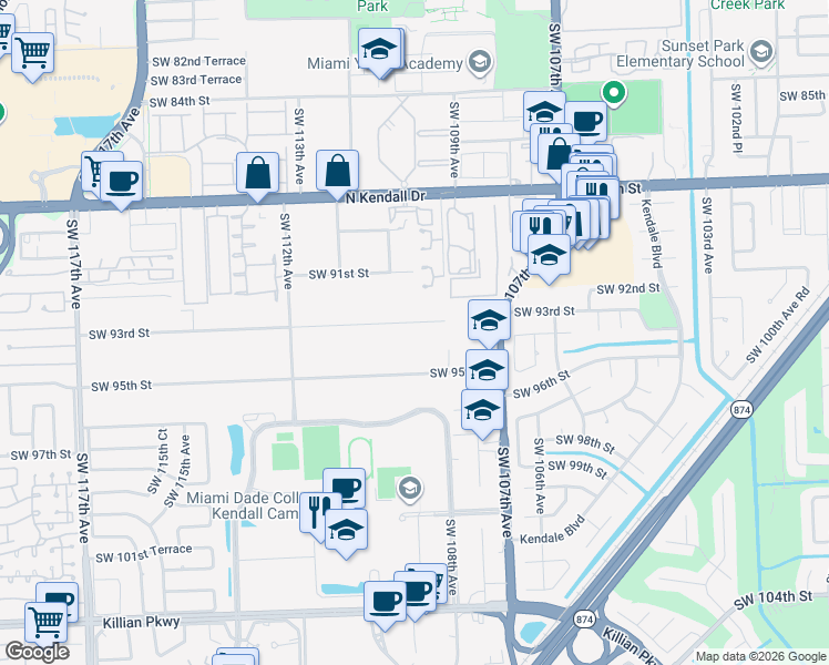 map of restaurants, bars, coffee shops, grocery stores, and more near 10840 Southwest 93rd Street in Miami