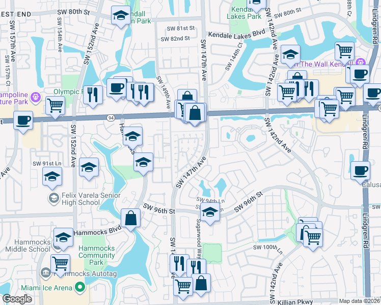 map of restaurants, bars, coffee shops, grocery stores, and more near 9112 Southwest 147th Court in Miami