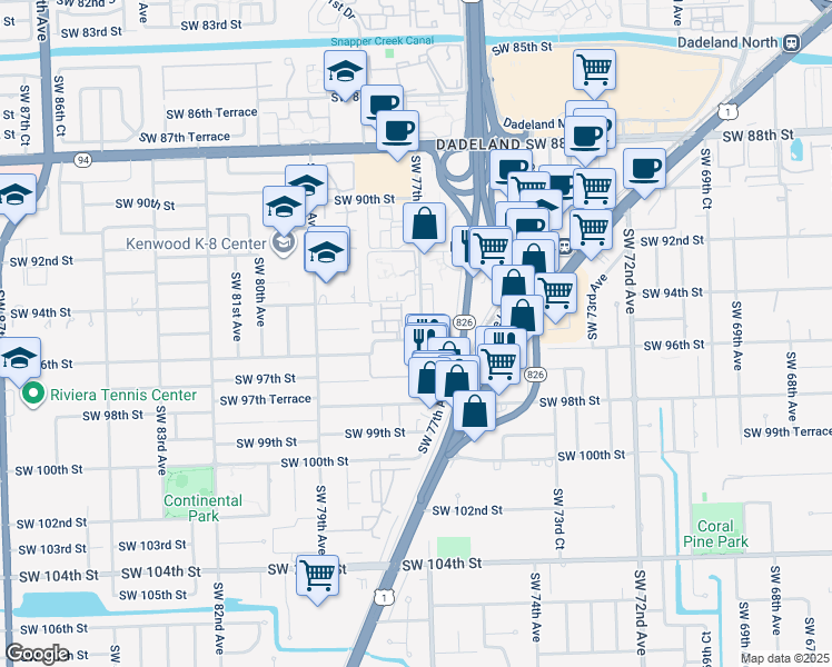 map of restaurants, bars, coffee shops, grocery stores, and more near 9601 Southwest 77th Avenue in Kendall