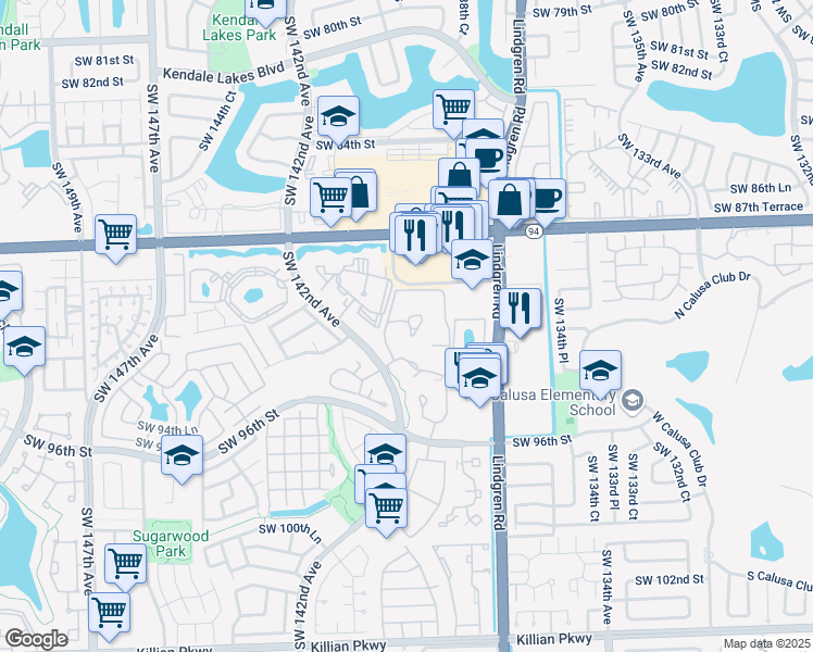 map of restaurants, bars, coffee shops, grocery stores, and more near 14020 91st Terrace in Miami