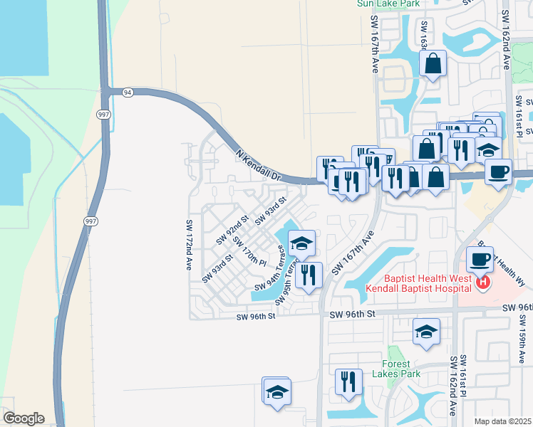 map of restaurants, bars, coffee shops, grocery stores, and more near 16985 Southwest 93rd Street in Miami