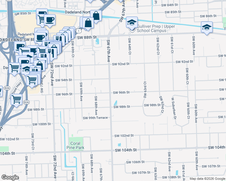 map of restaurants, bars, coffee shops, grocery stores, and more near 9601 Southwest 67th Avenue in Miami