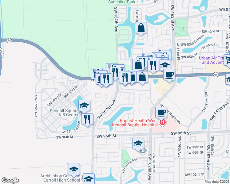 map of restaurants, bars, coffee shops, grocery stores, and more near 9038 Southwest 167th Court in Miami