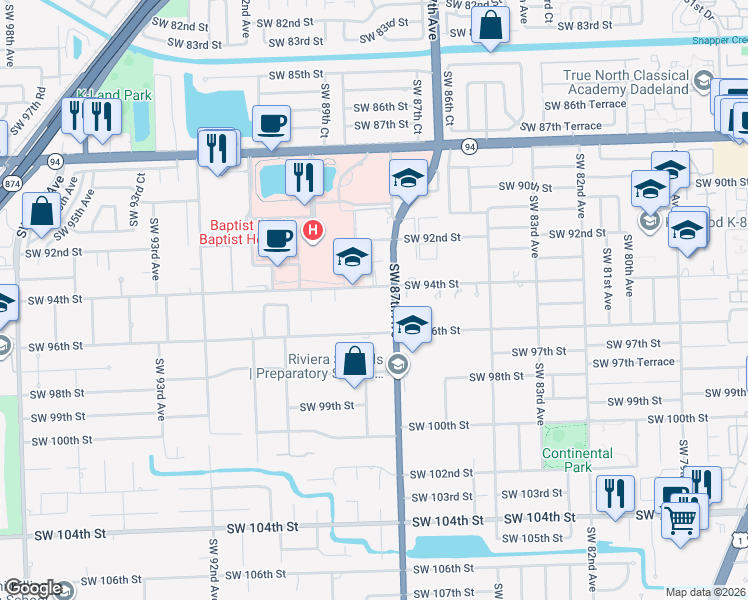 map of restaurants, bars, coffee shops, grocery stores, and more near 9408 Southwest 87th Avenue in Miami