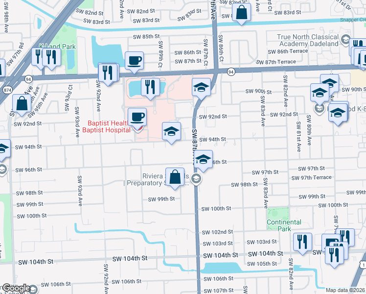 map of restaurants, bars, coffee shops, grocery stores, and more near 9408 Southwest 87th Avenue in Miami
