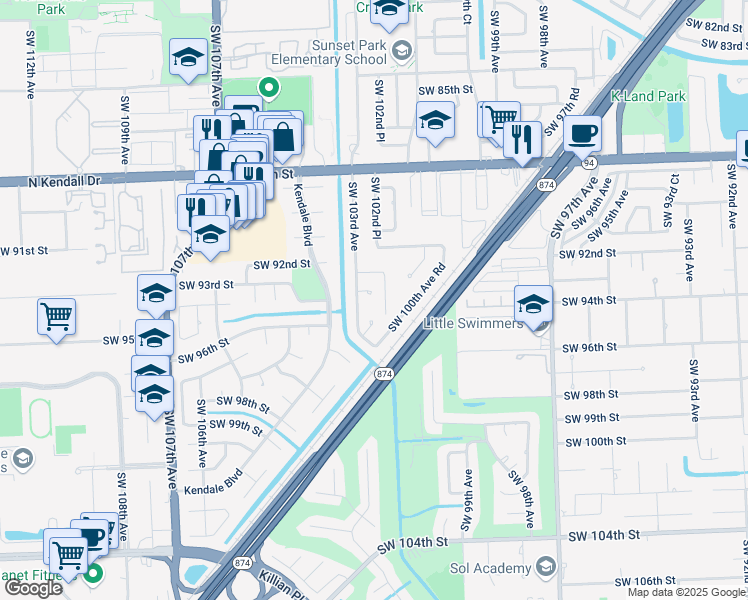map of restaurants, bars, coffee shops, grocery stores, and more near 10255 Southwest 96th Terrace in Miami
