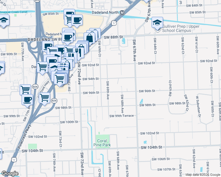 map of restaurants, bars, coffee shops, grocery stores, and more near 6904 Southwest 96th Street in Miami