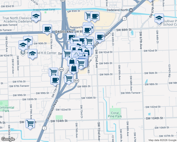 map of restaurants, bars, coffee shops, grocery stores, and more near 7315 Southwest 96th Street in Pinecrest