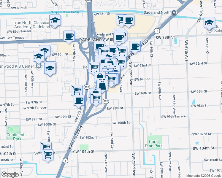 map of restaurants, bars, coffee shops, grocery stores, and more near 7355 Southwest 96th Street in Miami