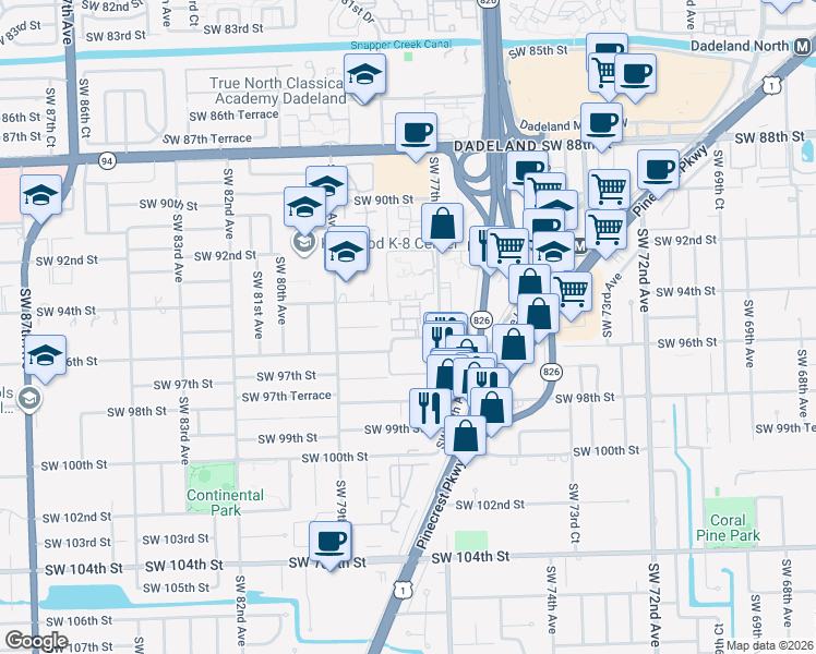 map of restaurants, bars, coffee shops, grocery stores, and more near 7748 Southwest 95th Terrace in Kendall