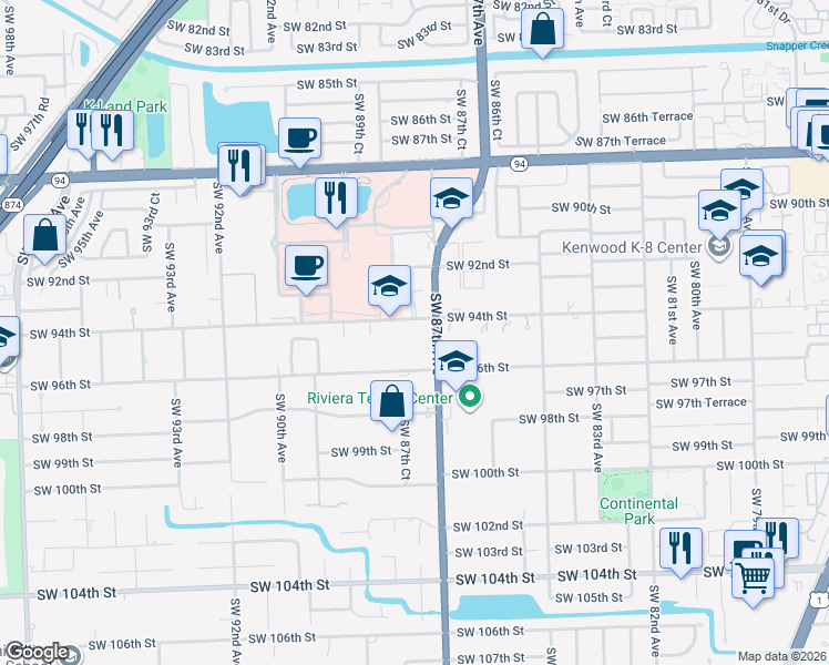map of restaurants, bars, coffee shops, grocery stores, and more near 8765 Southwest 96th Street in Miami