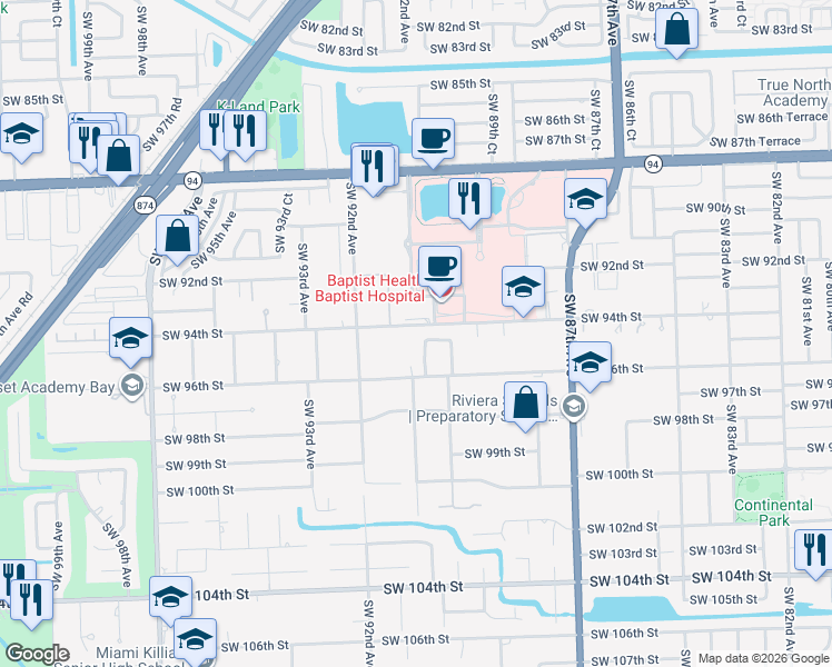 map of restaurants, bars, coffee shops, grocery stores, and more near 9434 Southwest 89th Place in Miami