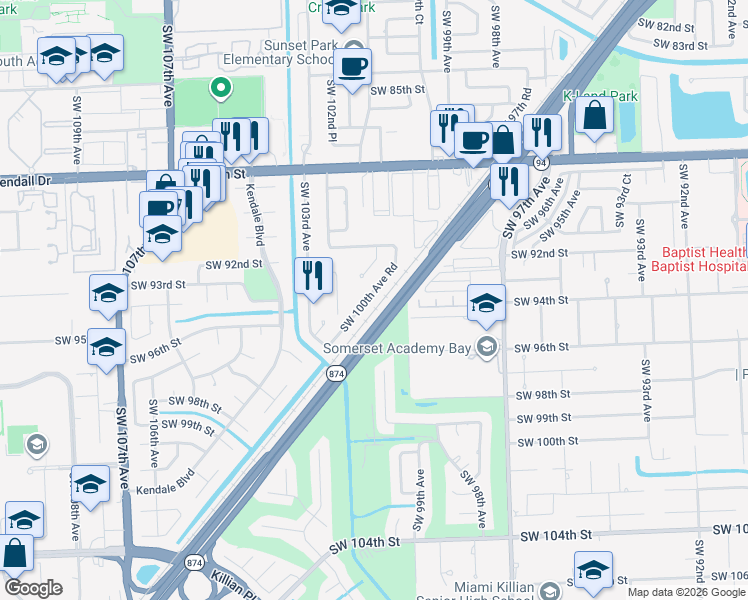 map of restaurants, bars, coffee shops, grocery stores, and more near South Dade Expressway in Miami
