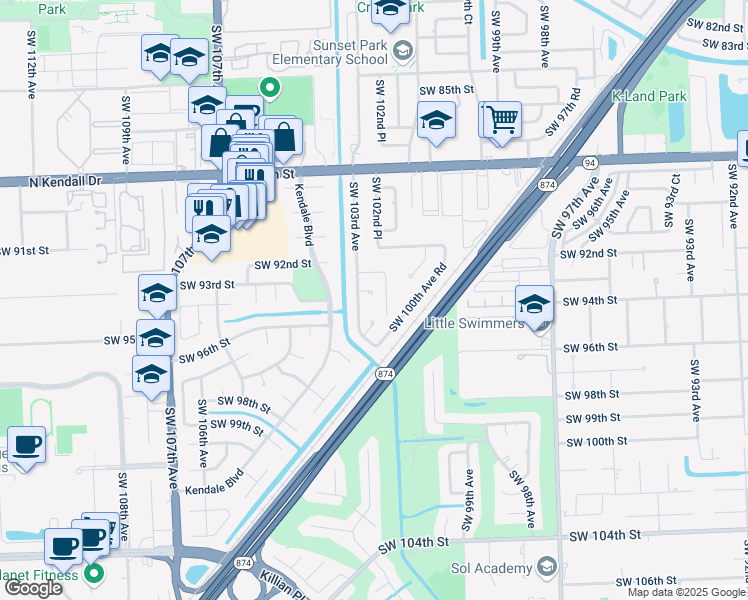 map of restaurants, bars, coffee shops, grocery stores, and more near 10255 Southwest 96th Terrace in Miami