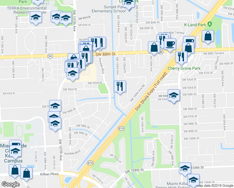 map of restaurants, bars, coffee shops, grocery stores, and more near 10255 Southwest 96th Terrace in Miami