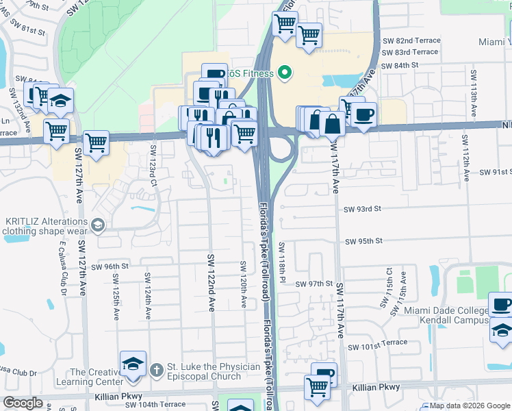 map of restaurants, bars, coffee shops, grocery stores, and more near 11965 Southwest 93rd Terrace in Miami