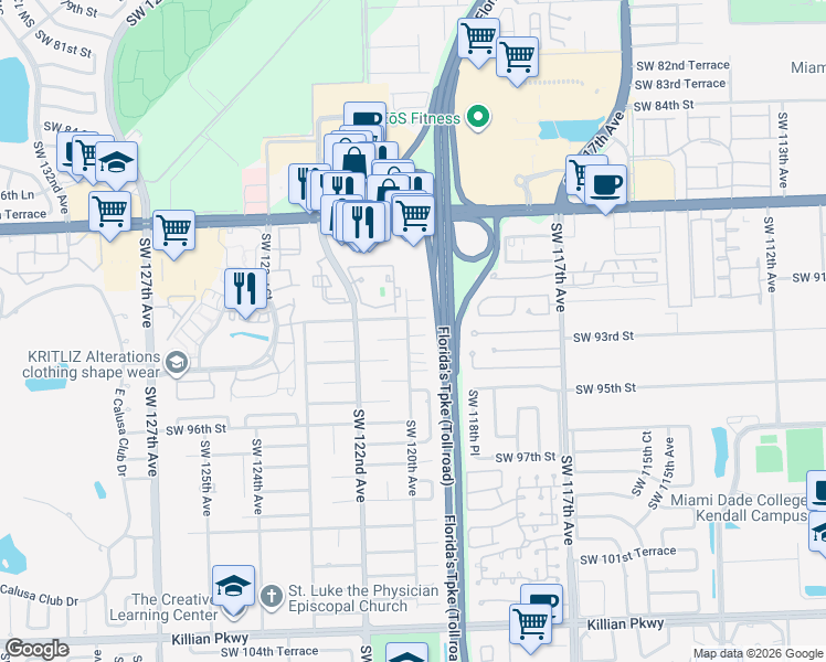 map of restaurants, bars, coffee shops, grocery stores, and more near 12010 Southwest 93rd Street in Miami