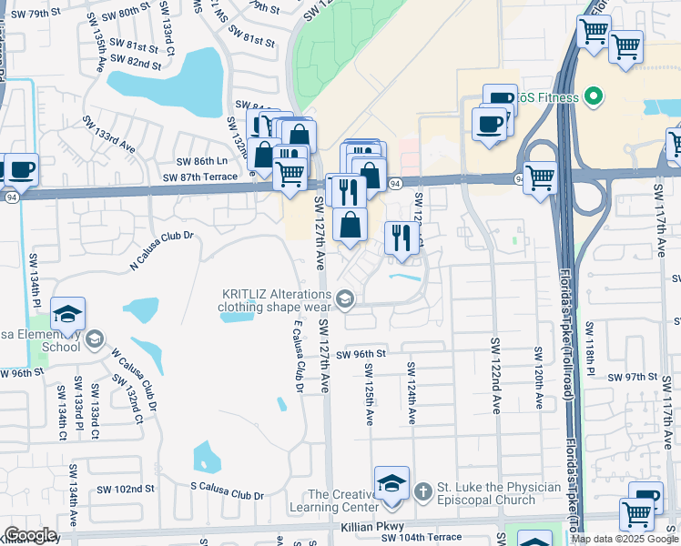 map of restaurants, bars, coffee shops, grocery stores, and more near 9060 Southwest 125th Avenue in Miami