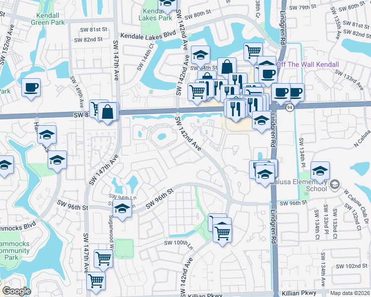 map of restaurants, bars, coffee shops, grocery stores, and more near 9133 Southwest 142nd Place in Miami