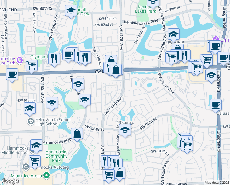 map of restaurants, bars, coffee shops, grocery stores, and more near 9116 Southwest 147th Court in Miami