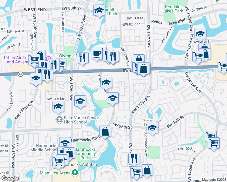 map of restaurants, bars, coffee shops, grocery stores, and more near 9113 Southwest 150th Avenue in Miami