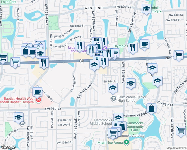 map of restaurants, bars, coffee shops, grocery stores, and more near 9111 Southwest 157th Avenue Road in Miami