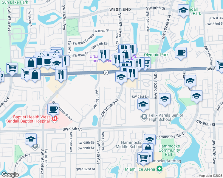 map of restaurants, bars, coffee shops, grocery stores, and more near 9078 Southwest 157th Court in Miami