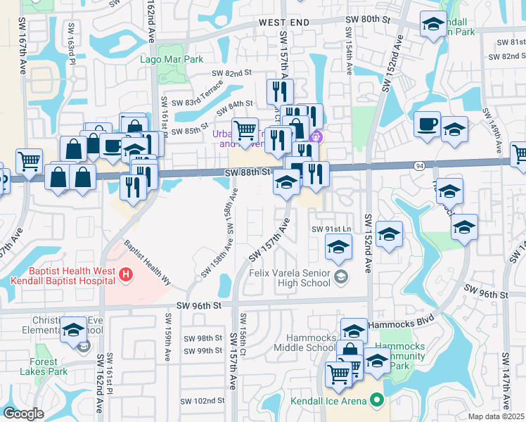 map of restaurants, bars, coffee shops, grocery stores, and more near 9078 Southwest 157th Court in Miami