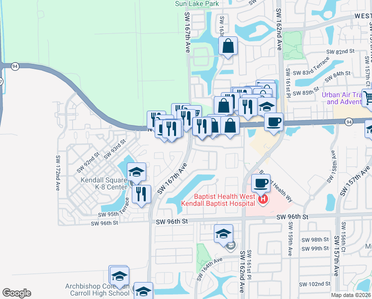 map of restaurants, bars, coffee shops, grocery stores, and more near 9038 Southwest 167th Court in Miami