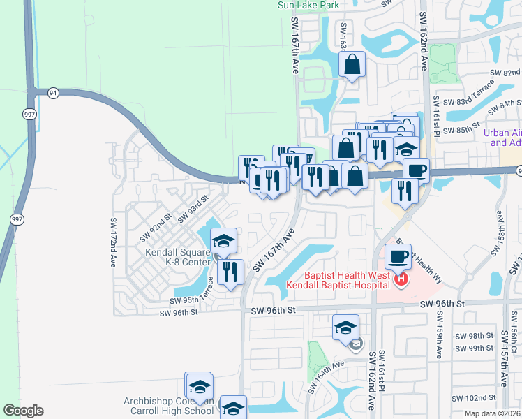 map of restaurants, bars, coffee shops, grocery stores, and more near 16815 Southwest 90th Terrace in Miami