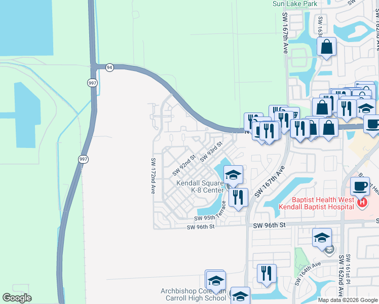 map of restaurants, bars, coffee shops, grocery stores, and more near 17019 Southwest 92nd Street in Miami