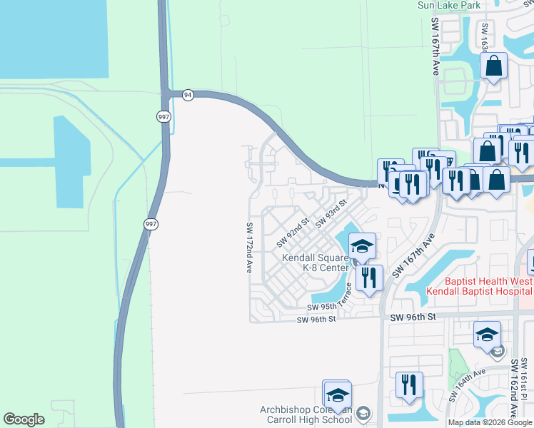 map of restaurants, bars, coffee shops, grocery stores, and more near 9124 Southwest 170th Place in Miami