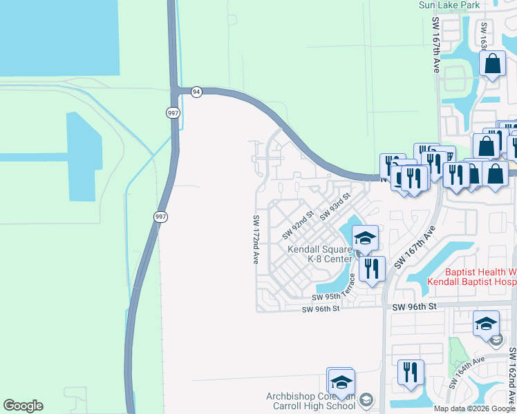 map of restaurants, bars, coffee shops, grocery stores, and more near 9115 Southwest 172nd Avenue in The Hammocks
