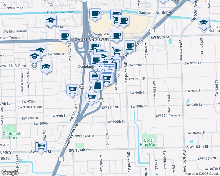 map of restaurants, bars, coffee shops, grocery stores, and more near 7305 Southwest 96th Street in Miami