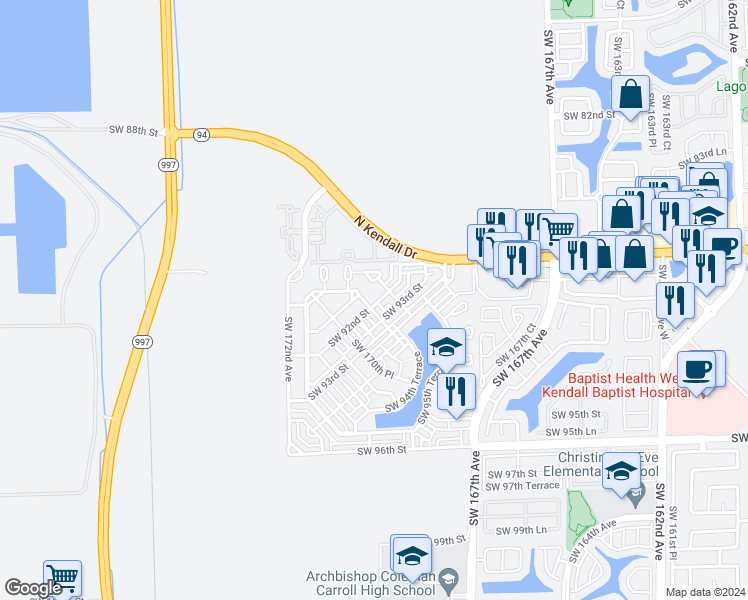 map of restaurants, bars, coffee shops, grocery stores, and more near 16693 Southwest 92nd Street in Miami