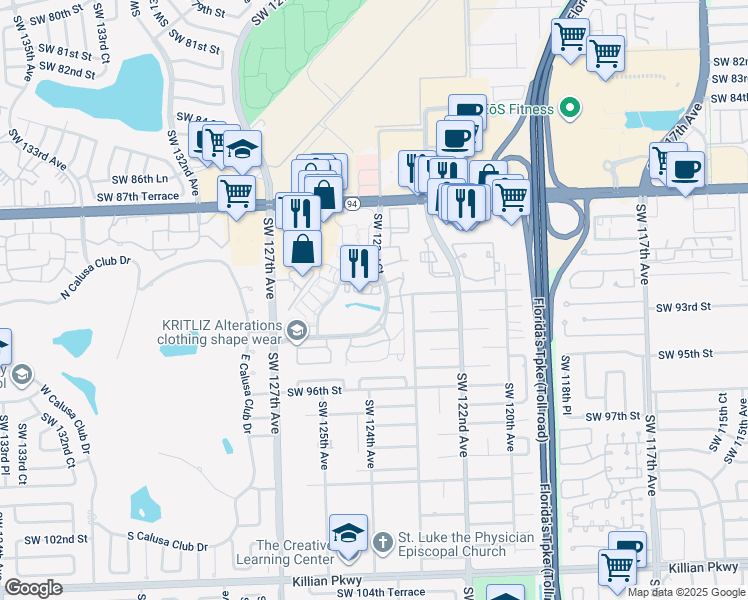 map of restaurants, bars, coffee shops, grocery stores, and more near 12318 Southwest 92nd Terrace in Miami