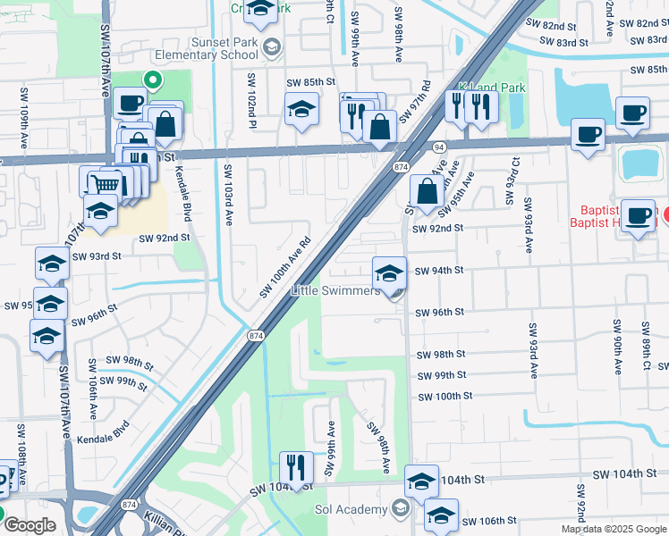 map of restaurants, bars, coffee shops, grocery stores, and more near 9865 Southwest 94th Terrace in Miami