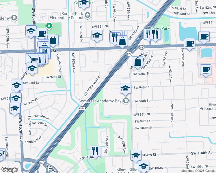 map of restaurants, bars, coffee shops, grocery stores, and more near 9865 Southwest 94th Terrace in Miami