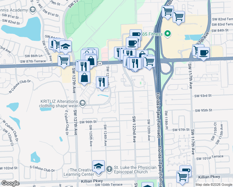 map of restaurants, bars, coffee shops, grocery stores, and more near 12318 Southwest 92nd Terrace in Miami