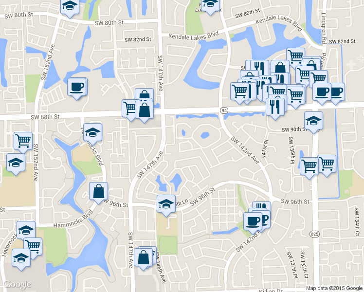 map of restaurants, bars, coffee shops, grocery stores, and more near 14372 Southwest 90th Terrace in Miami