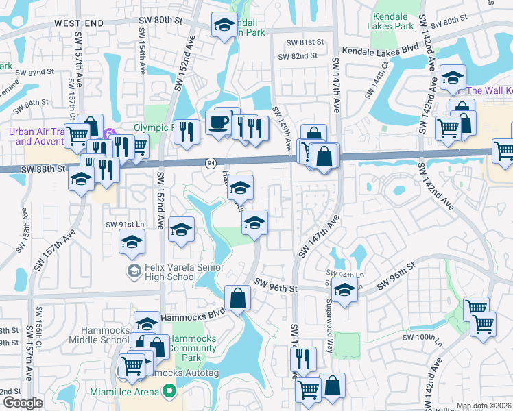 map of restaurants, bars, coffee shops, grocery stores, and more near 9113 Southwest 150th Avenue in Miami