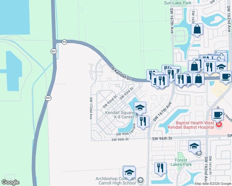 map of restaurants, bars, coffee shops, grocery stores, and more near 17019 Southwest 92nd Street in Miami