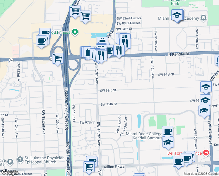 map of restaurants, bars, coffee shops, grocery stores, and more near 11460 Southwest 93rd Street in Miami