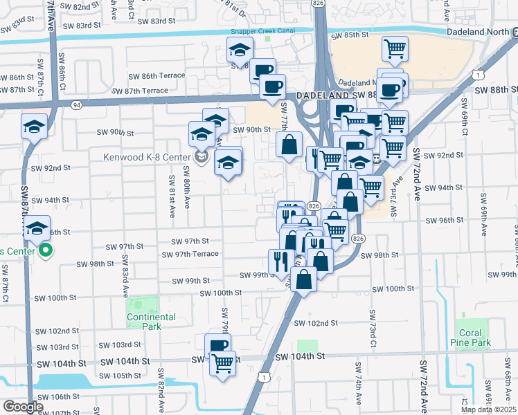 map of restaurants, bars, coffee shops, grocery stores, and more near 7764 Southwest 95th Street in Miami