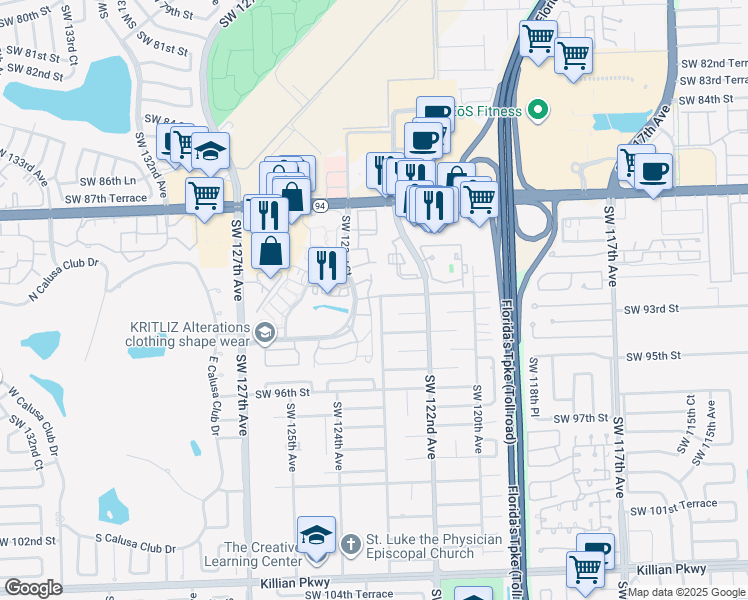 map of restaurants, bars, coffee shops, grocery stores, and more near 12318 Southwest 92nd Terrace in Miami
